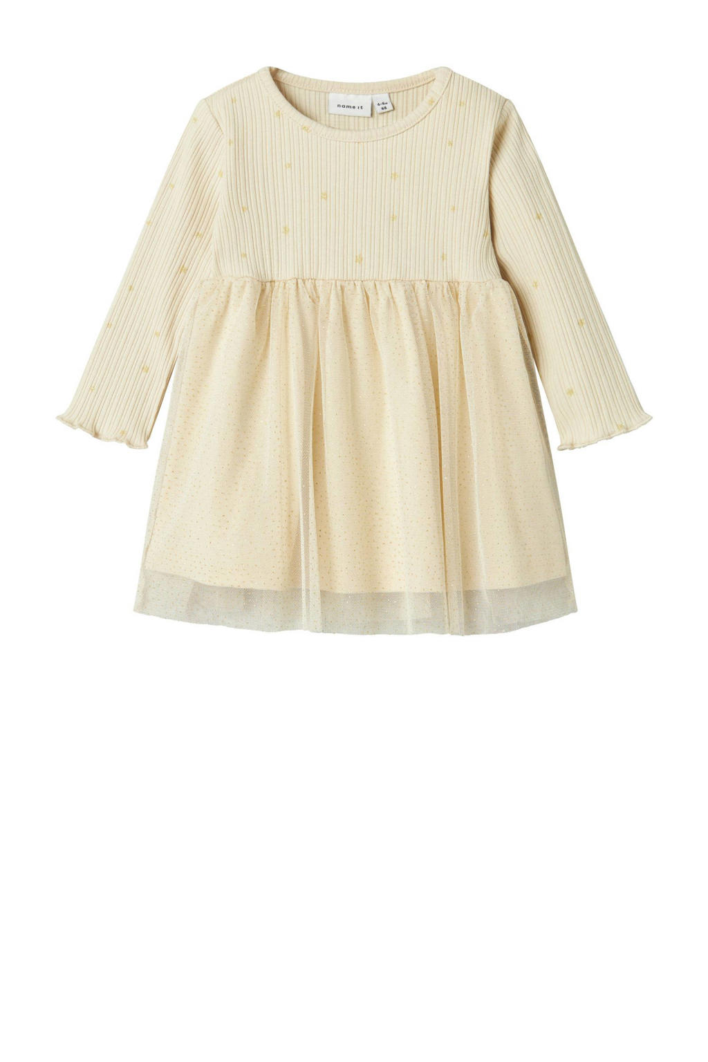 Ecru meisjes NAME IT BABY korte jurk glitter van katoen met effen, lange mouwen en ronde hals