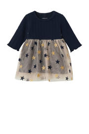 thumbnail: Donkerblauw en zandkleurige meisjes NAME IT BABY korte jurk glitter van katoen met meerkleurige print, lange mouwen en ronde hals