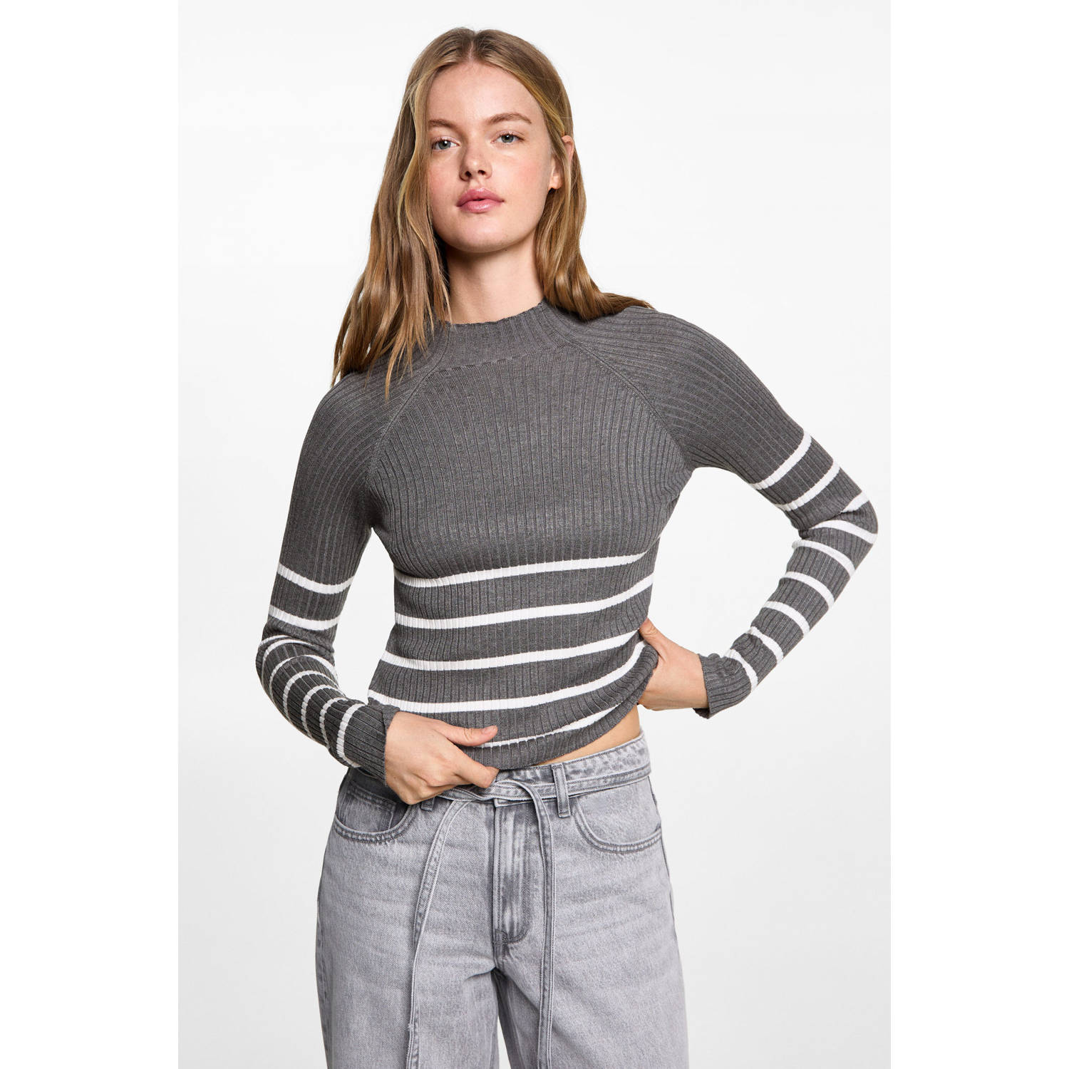 MANGO TEEN trui grijs rib gebreid