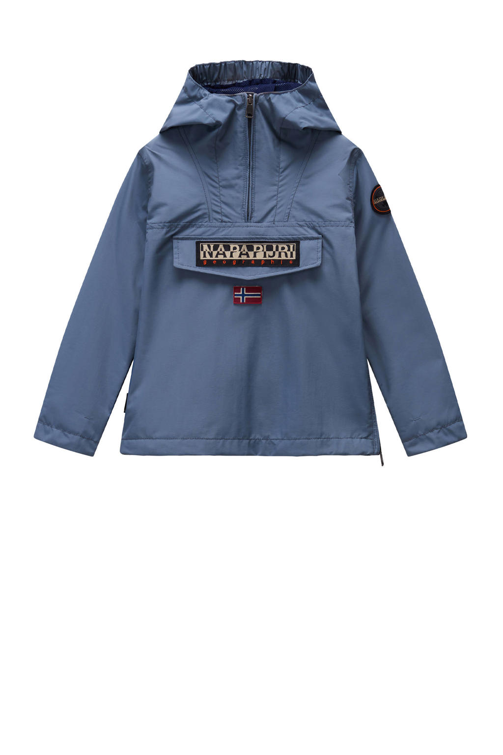 Blauwe jongens Napapijri anorak zomer van polyamide met logo dessin, lange mouwen, capuchon en ritssluiting