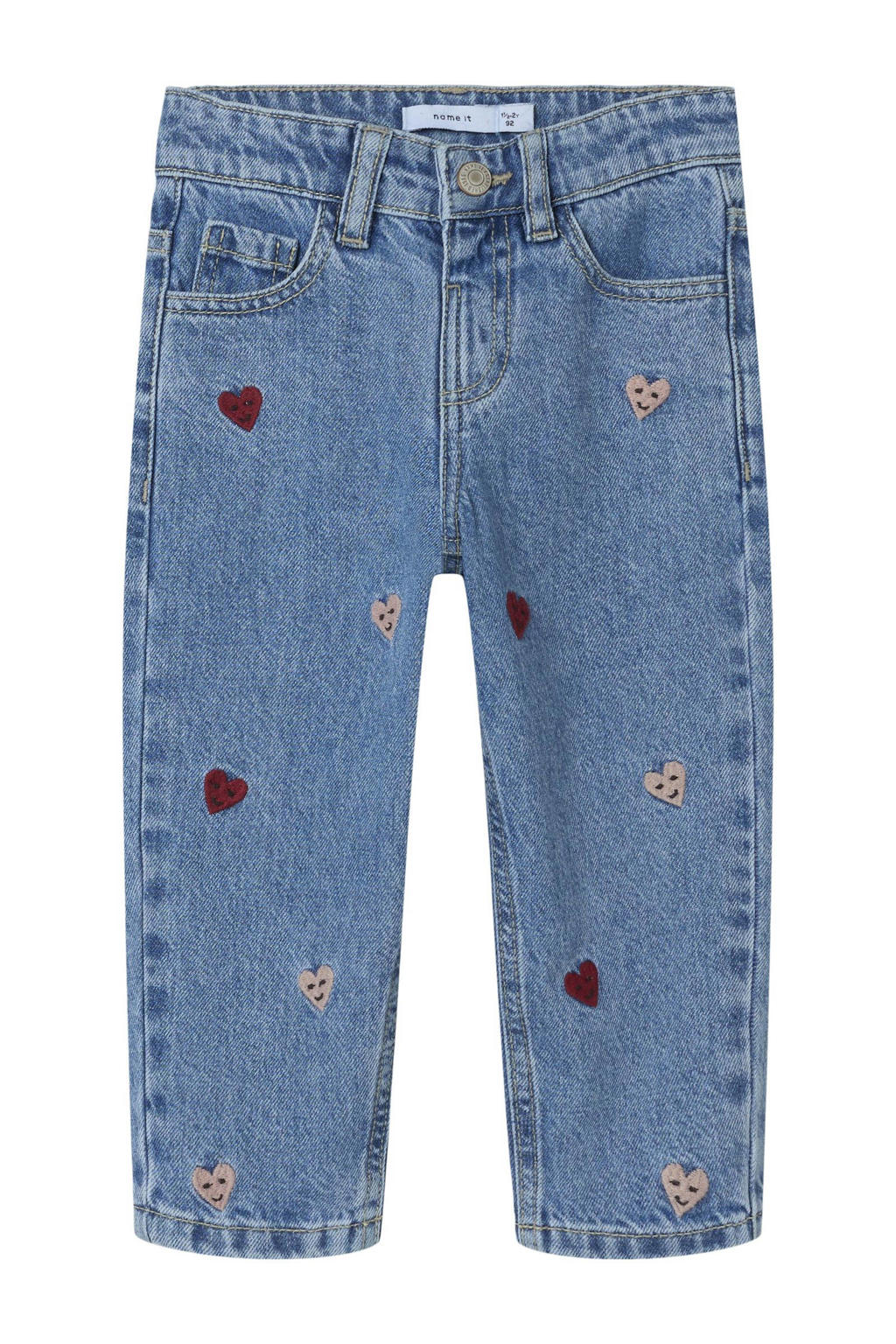 Medium blue denim meisjes NAME IT MINI loose fit jeans Medium blue van stretchdenim met regular waist, rits- en knoopsluiting en hartjesprint