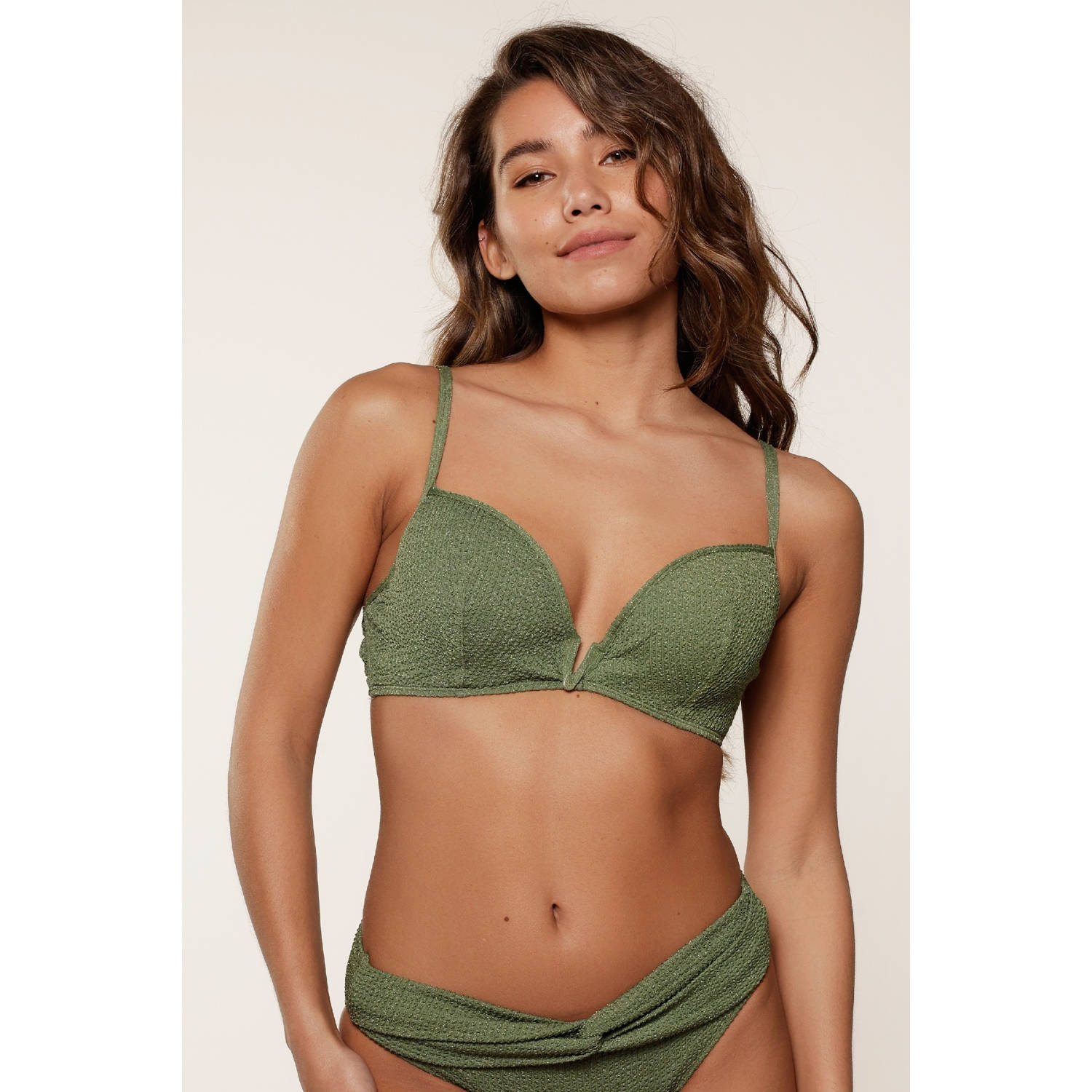 LingaDore voorgevormde beugel bikinitop met ribstructuur en lurex olijfgroen