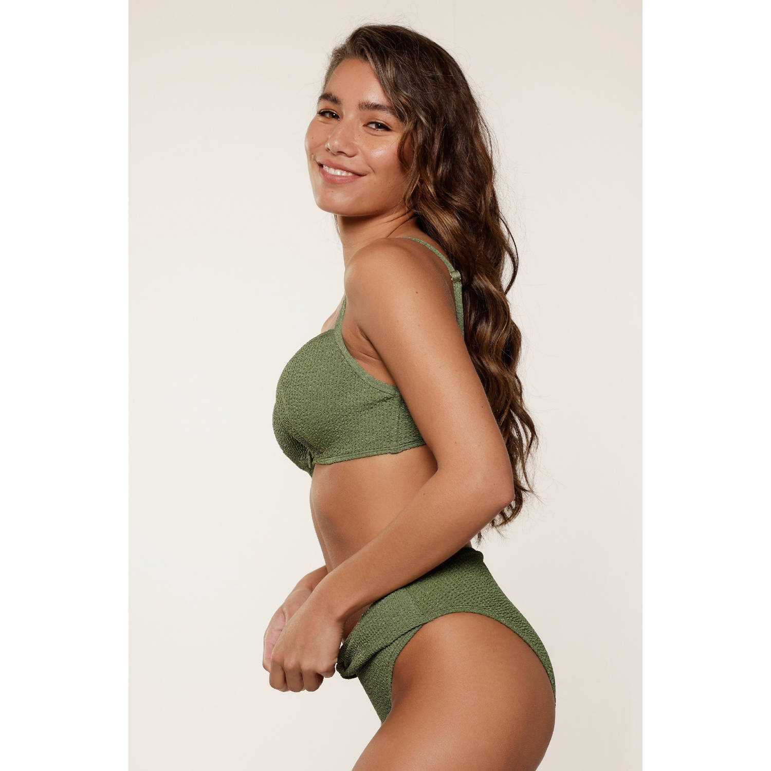 LingaDore voorgevormde beugel bikinitop met ribstructuur en lurex olijfgroen