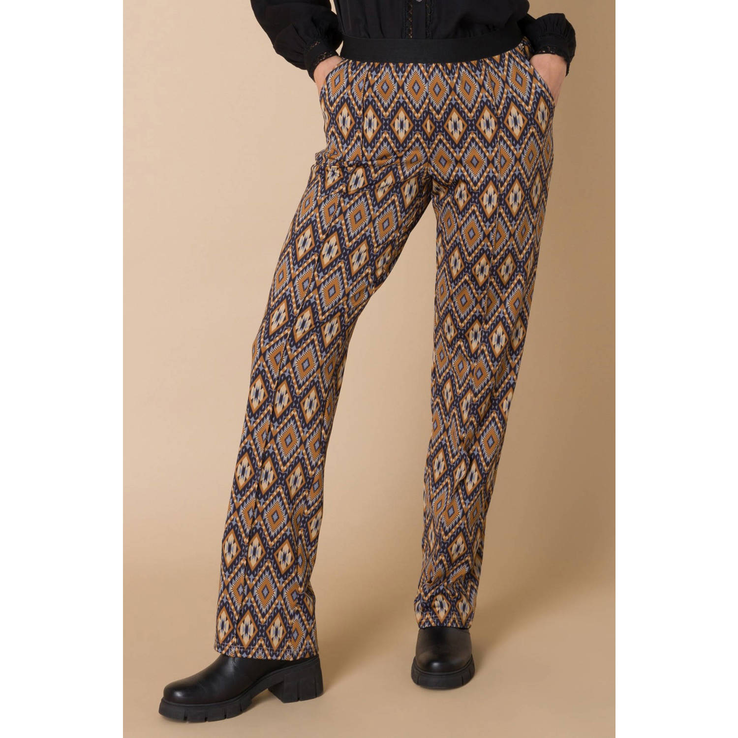 Ivy Beau wide leg broek met all over print bruin zwart