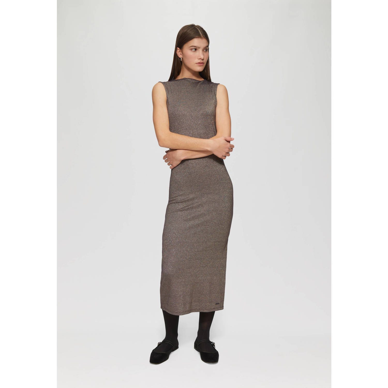 Q S by s.Oliver midi jurk gebreid taupe met lurex