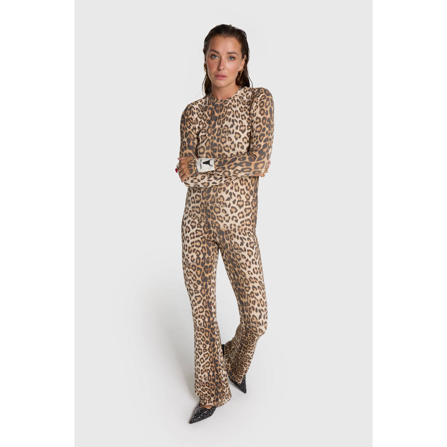 Alix the Label high waist flared broek met panterprint bruin