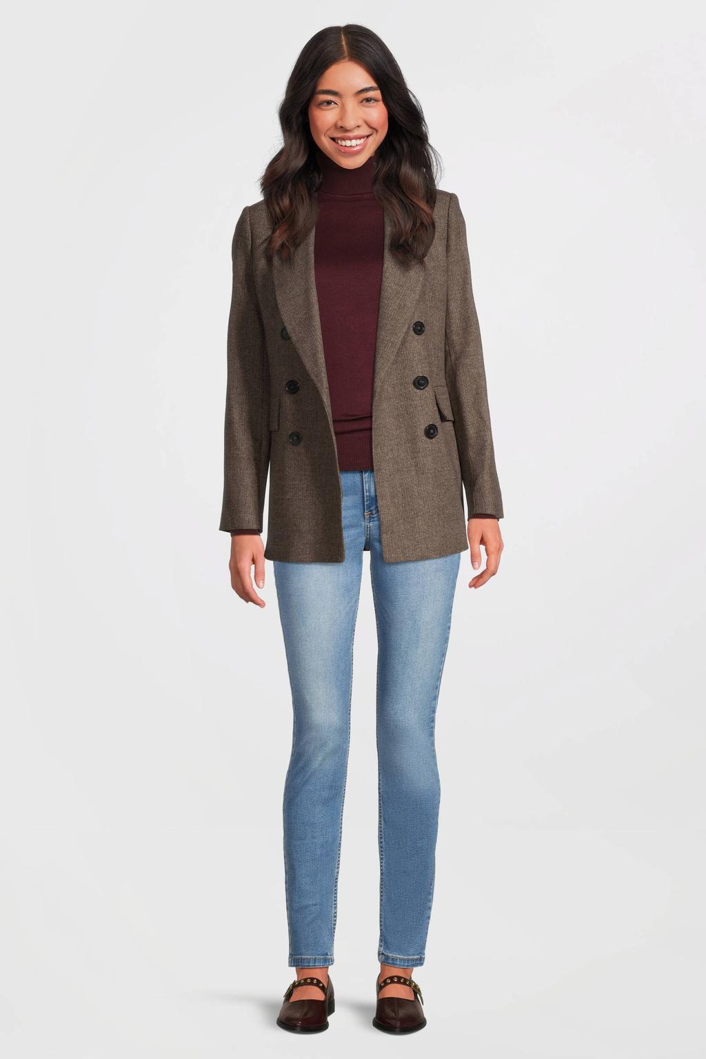 Medium blue denim dames Anytime regular waist skinny jeans van denim met rits- en knoopsluiting en effen