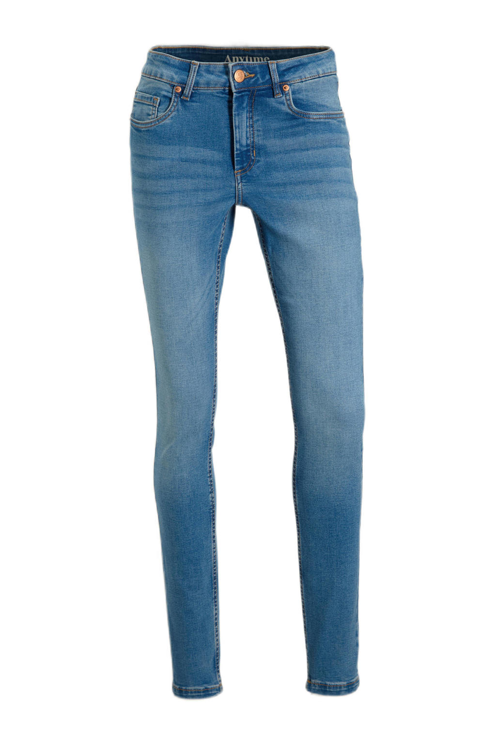 Medium blue denim dames Anytime high waist skinny jeans van denim met rits- en knoopsluiting en effen