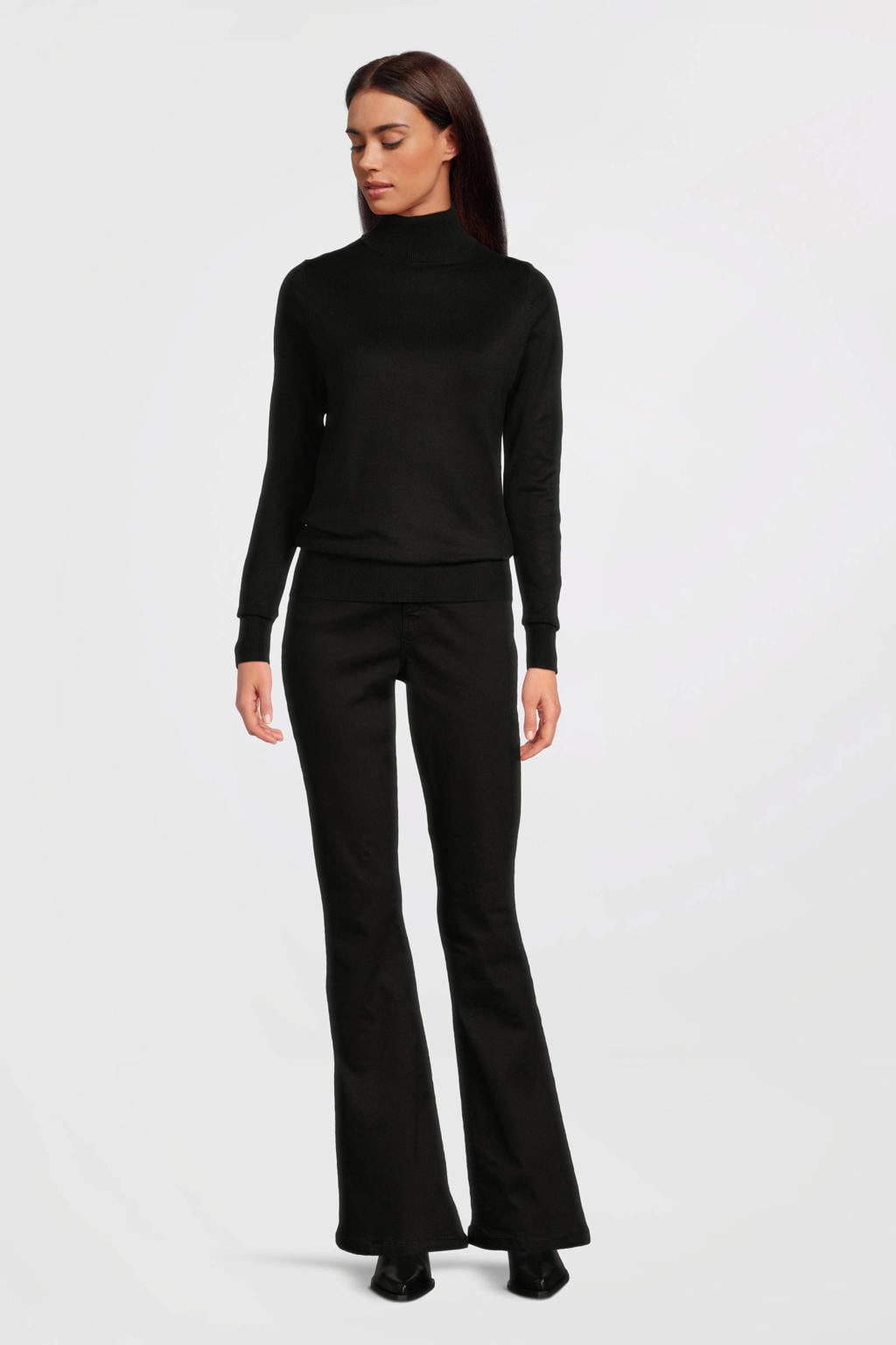 Black denim dames Anytime high waist flared jeans van denim met rits- en knoopsluiting en effen