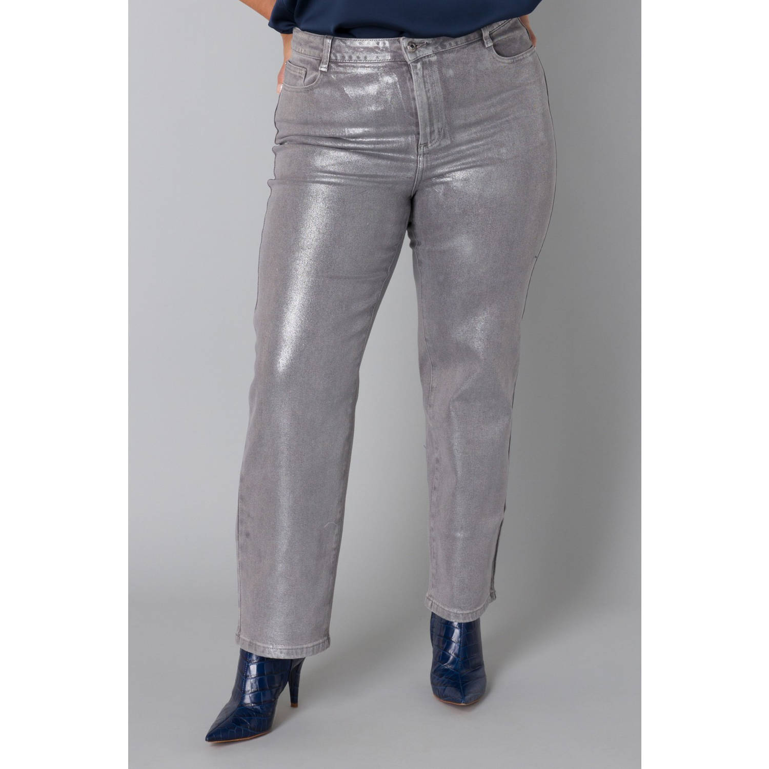 Yesta coated regular fit broek zilver