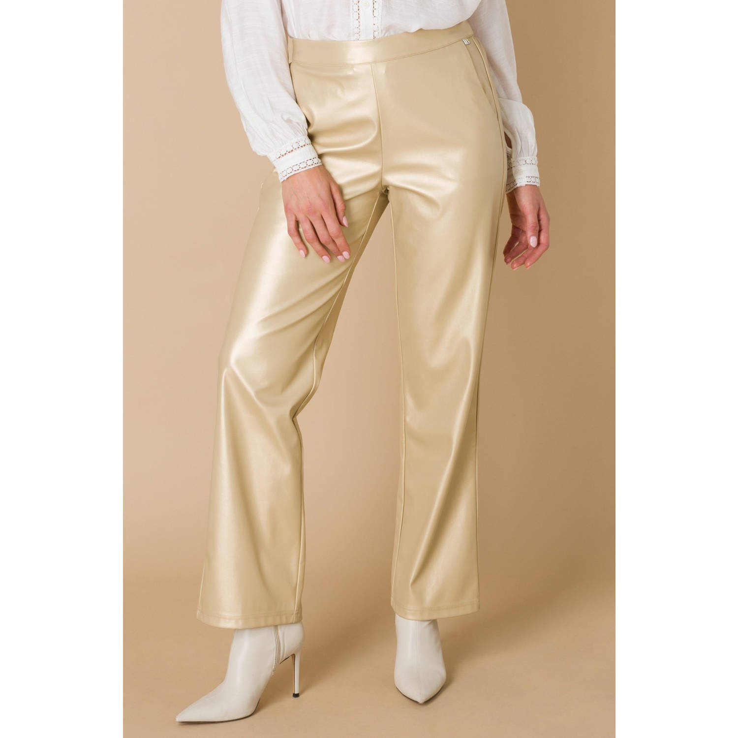 Ivy Beau coated wide leg broek champagne