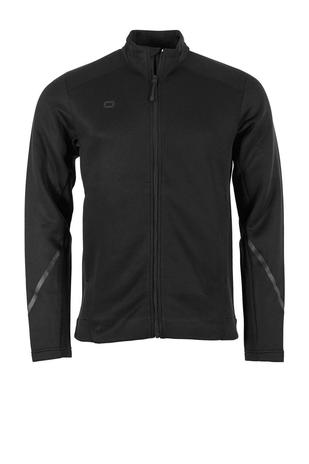 Zwarte heren Stanno Senior sportjack Plaza van polyester met lange mouwen, opstaande kraag en ritssluiting
