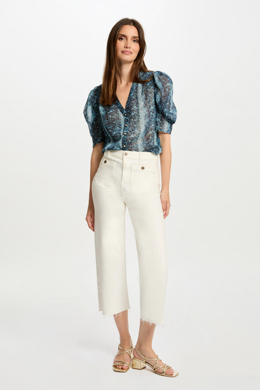 Blauwe dames Morgan blouse van polyester met dierenprint, driekwart mouwen, V-hals en knoopsluiting
