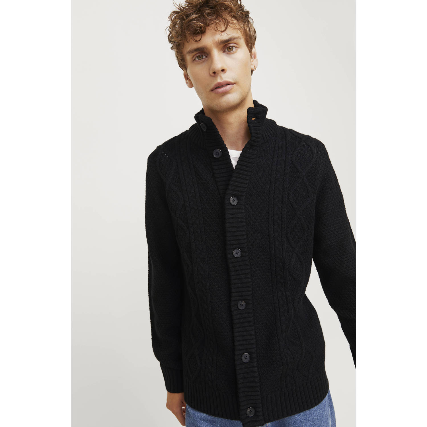 JJ REBEL grofgebreid vest JREBJOSH met ingebreid patroon zwart