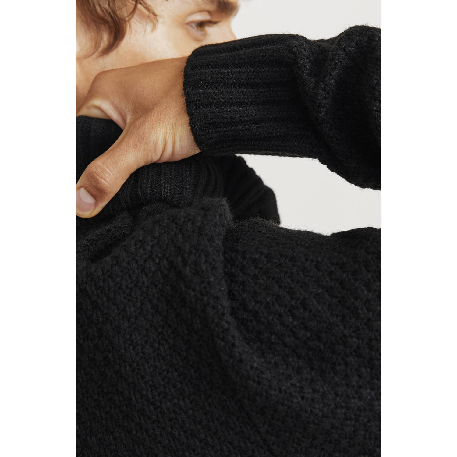 JJ REBEL grofgebreid vest JREBJOSH met ingebreid patroon zwart