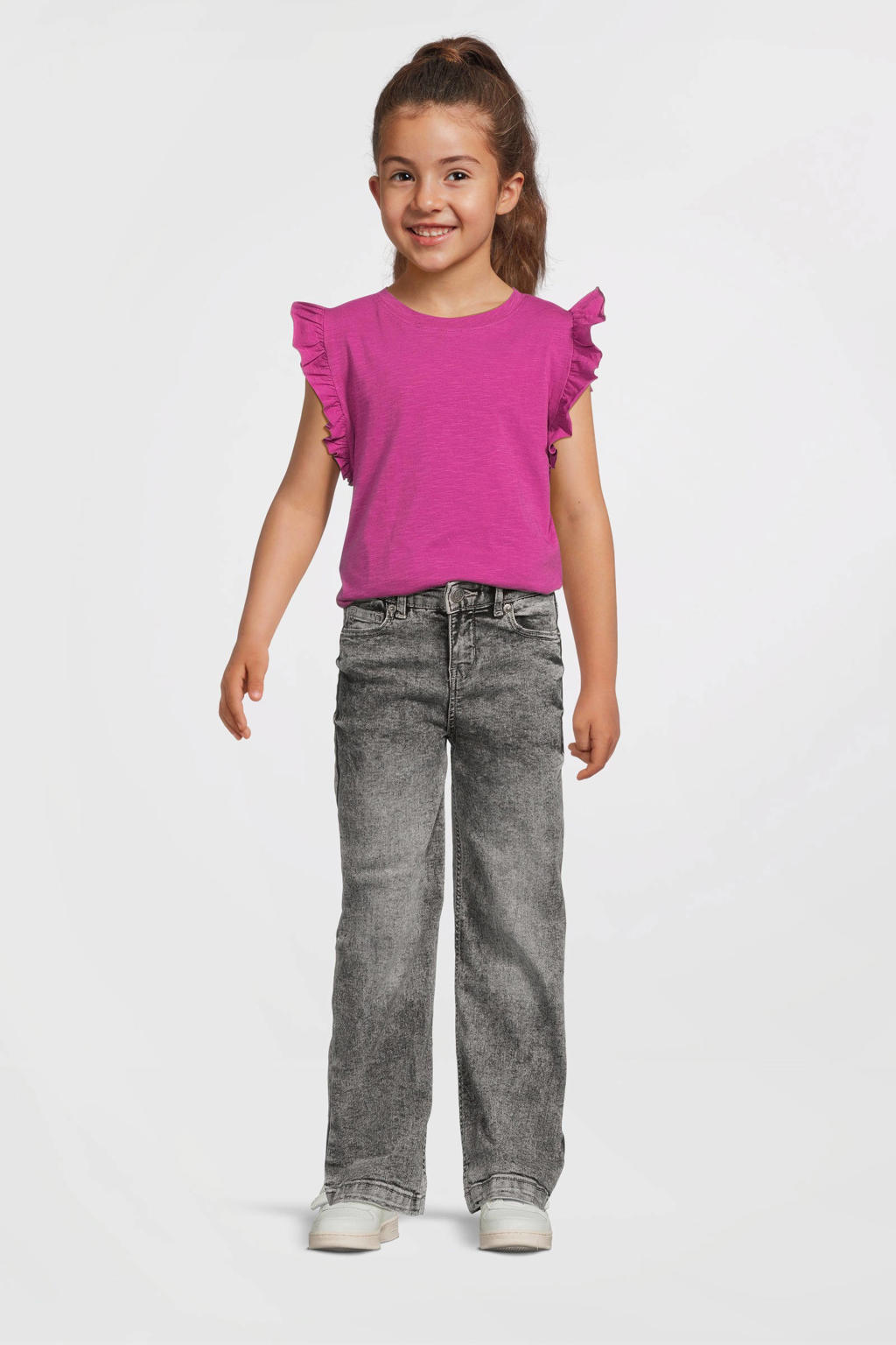 Grey denim meisjes Anytime broek van katoen met wijde pijpen, high waist, rits- en knoopsluiting en effen