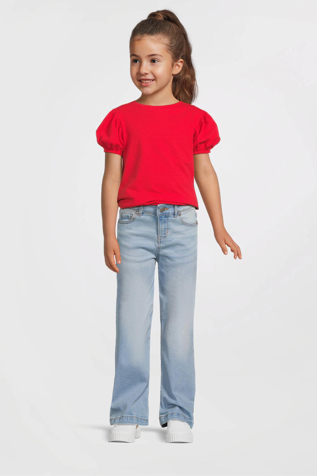 Light blue denim meisjes Anytime wide leg jeans van katoen met high waist, rits- en knoopsluiting en effen