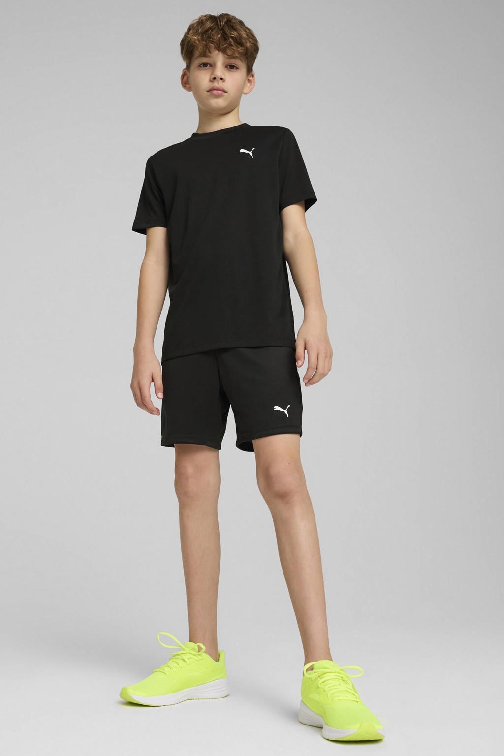 Zwarte jongens en meisjes Puma sportshirt ESS van polyester met effen, korte mouwen en ronde hals