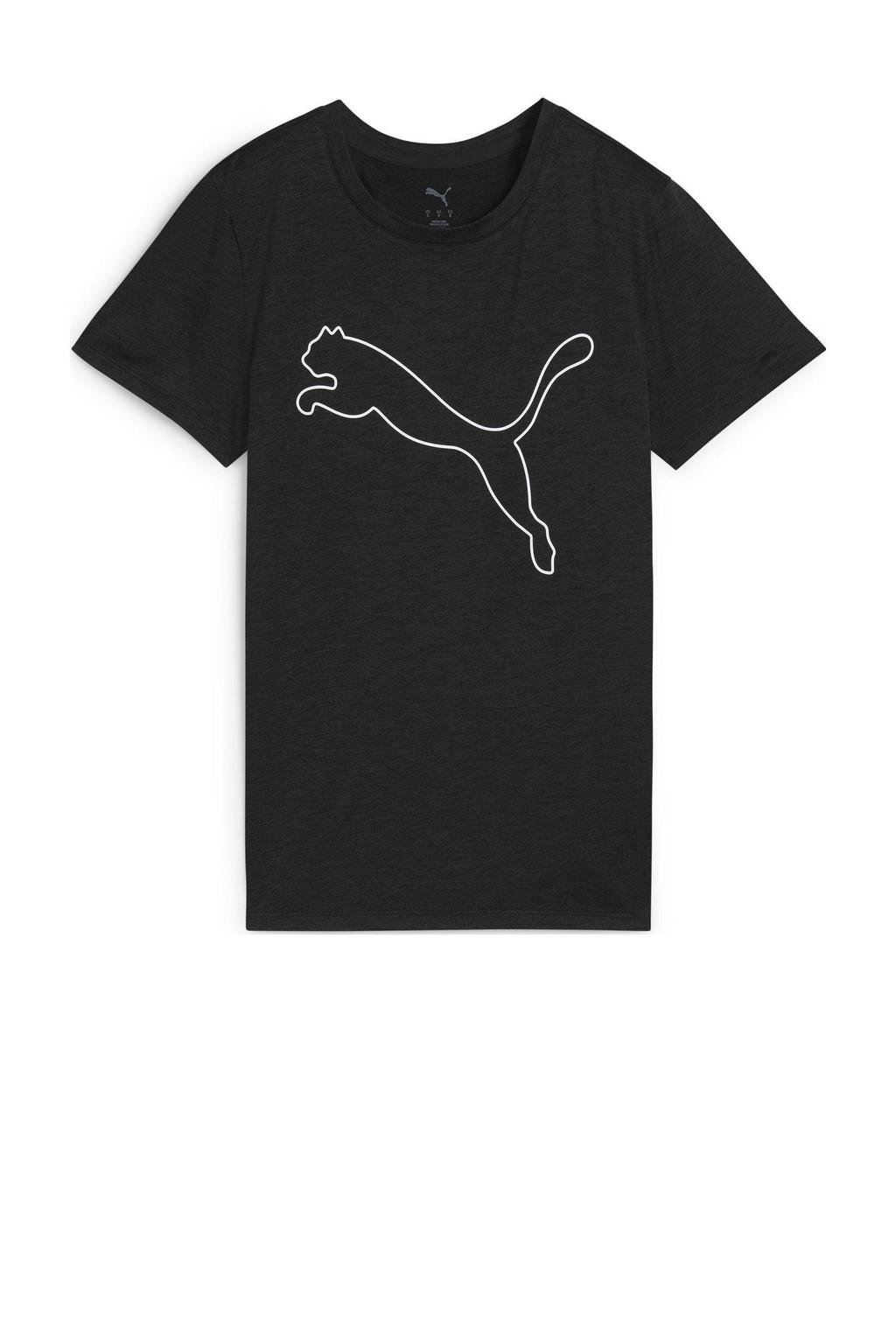 Zwarte dames Puma sportshirt melange van polyester met logo dessin, korte mouwen en ronde hals