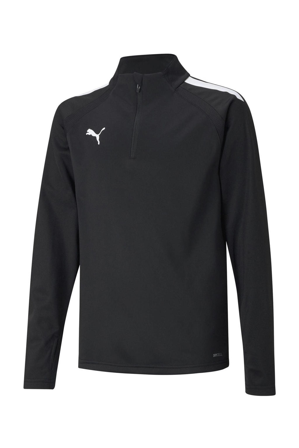 Zwart en witte jongens en meisjes Puma junior voetbalshirt teamLIGA van polyester met logo dessin, lange mouwen, opstaande kraag en halve rits