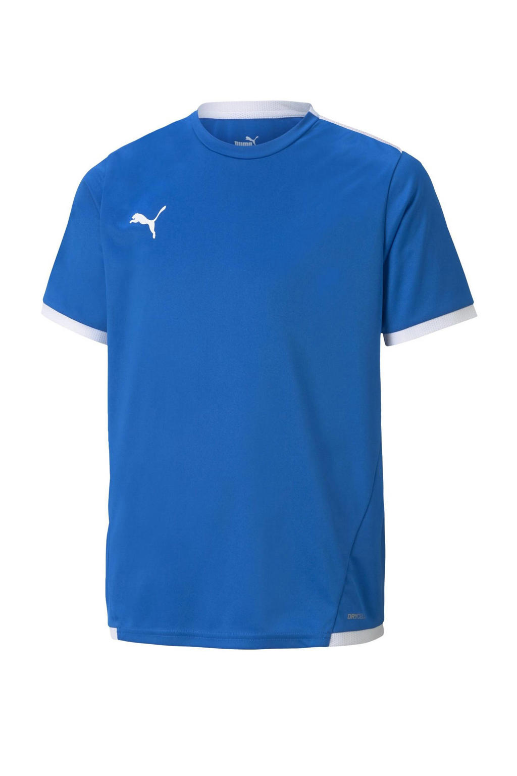 Blauw en witte jongens en meisjes Puma junior voetbalshirt teamLIGA van polyester met effen, korte mouwen en ronde hals