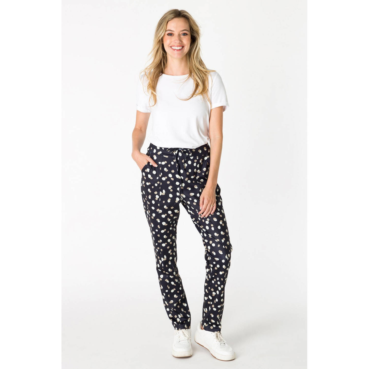 ES&SY slim fit broek met all over print zwart wit