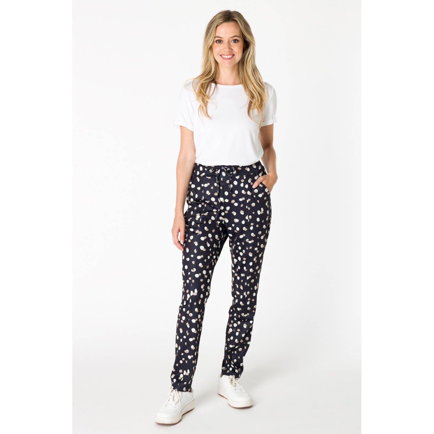 ES&SY slim fit broek met all over print zwart wit