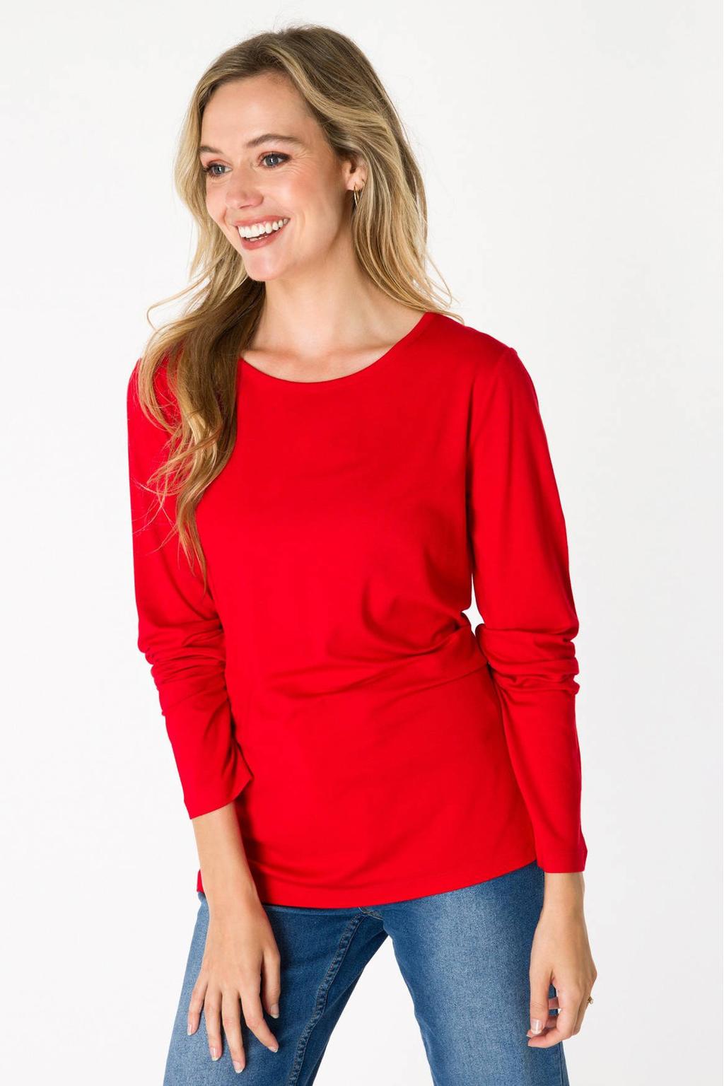 Rode dames ES&SY top van viscose met effen, lange mouwen en ronde hals