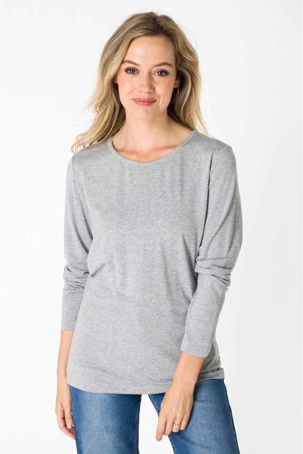 Grijs melange dames ES&SY top melange van viscose met effen, lange mouwen en ronde hals