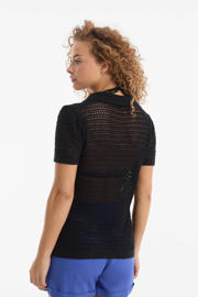 thumbnail: Zwarte dames anytime crochet polo van katoen met effen, korte mouwen en V-hals