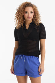 thumbnail: Zwarte dames anytime crochet polo van katoen met effen, korte mouwen en V-hals