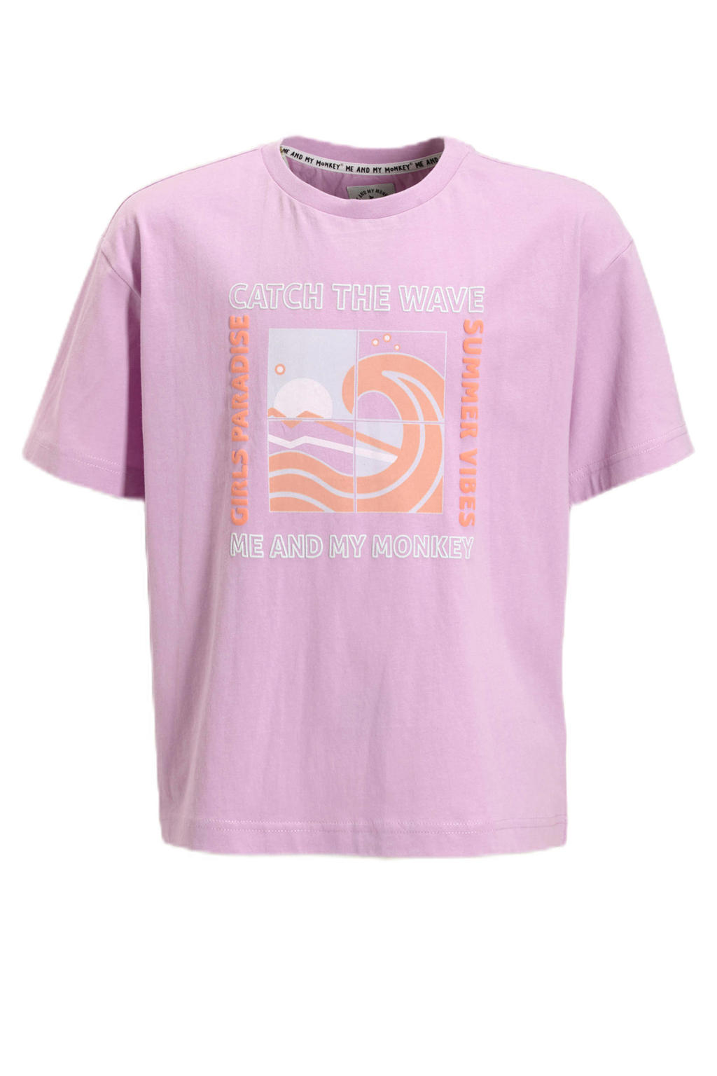 Paarse meisjes Me & My Monkey oversized T-shirt van katoen met printopdruk, korte mouwen en ronde hals