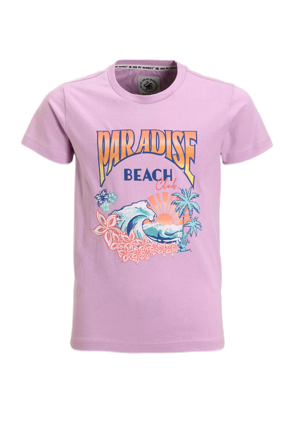 Paarse meisjes Me & My Monkey T-shirt van katoen met printopdruk, korte mouwen en ronde hals
