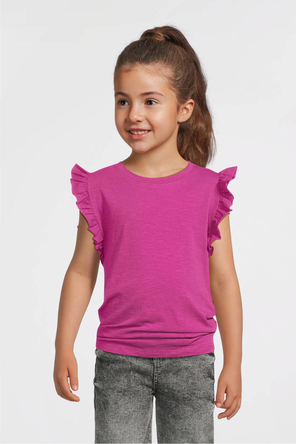 Magentakleurige meisjes Anytime anytime T-shirt van katoen met effen, korte mouwen en ronde hals