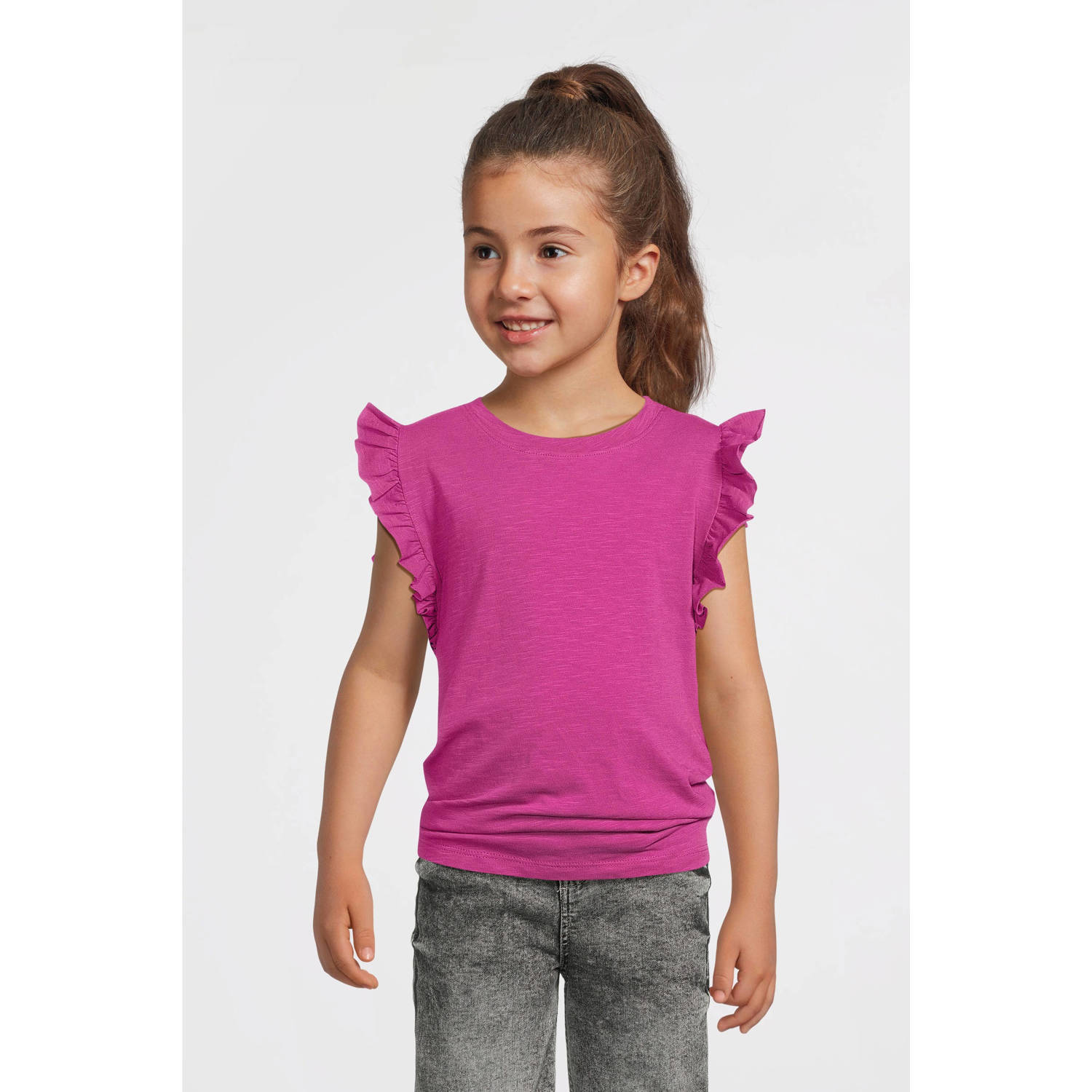 Anytime T-shirt met ruffle magenta