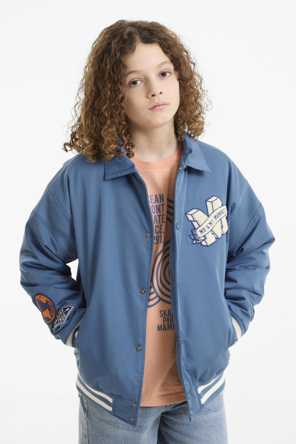 Blauwe jongens Me & My Monkey bomerjack van polyester met logo dessin, lange mouwen, polo kraag en drukknoopsluiting