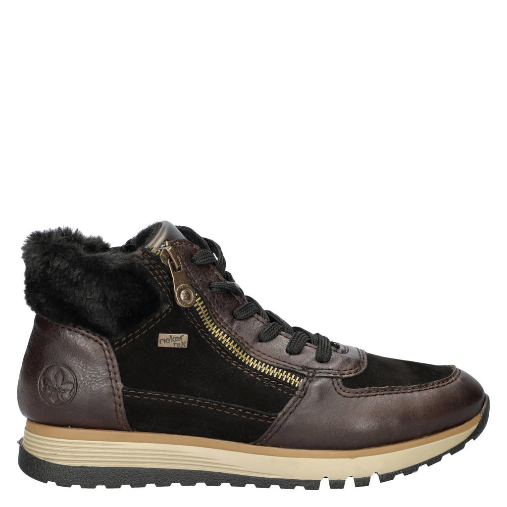 Zwarte dames Rieker comfort leren sneakers van imitatieleer met rits- en vetersluiting