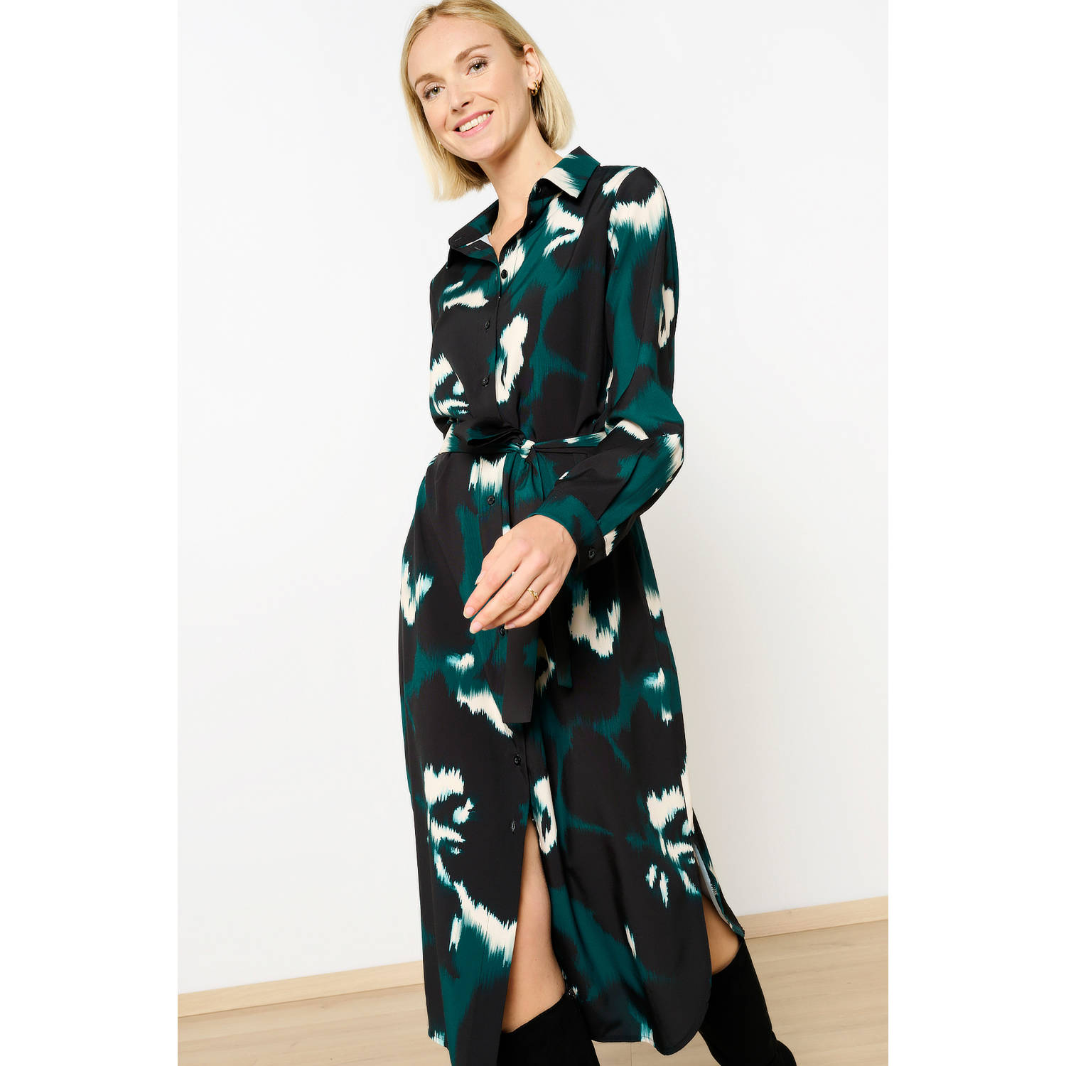 LOLALIZA blousejurk met all over print en ceintuur donkergroen zwart wit