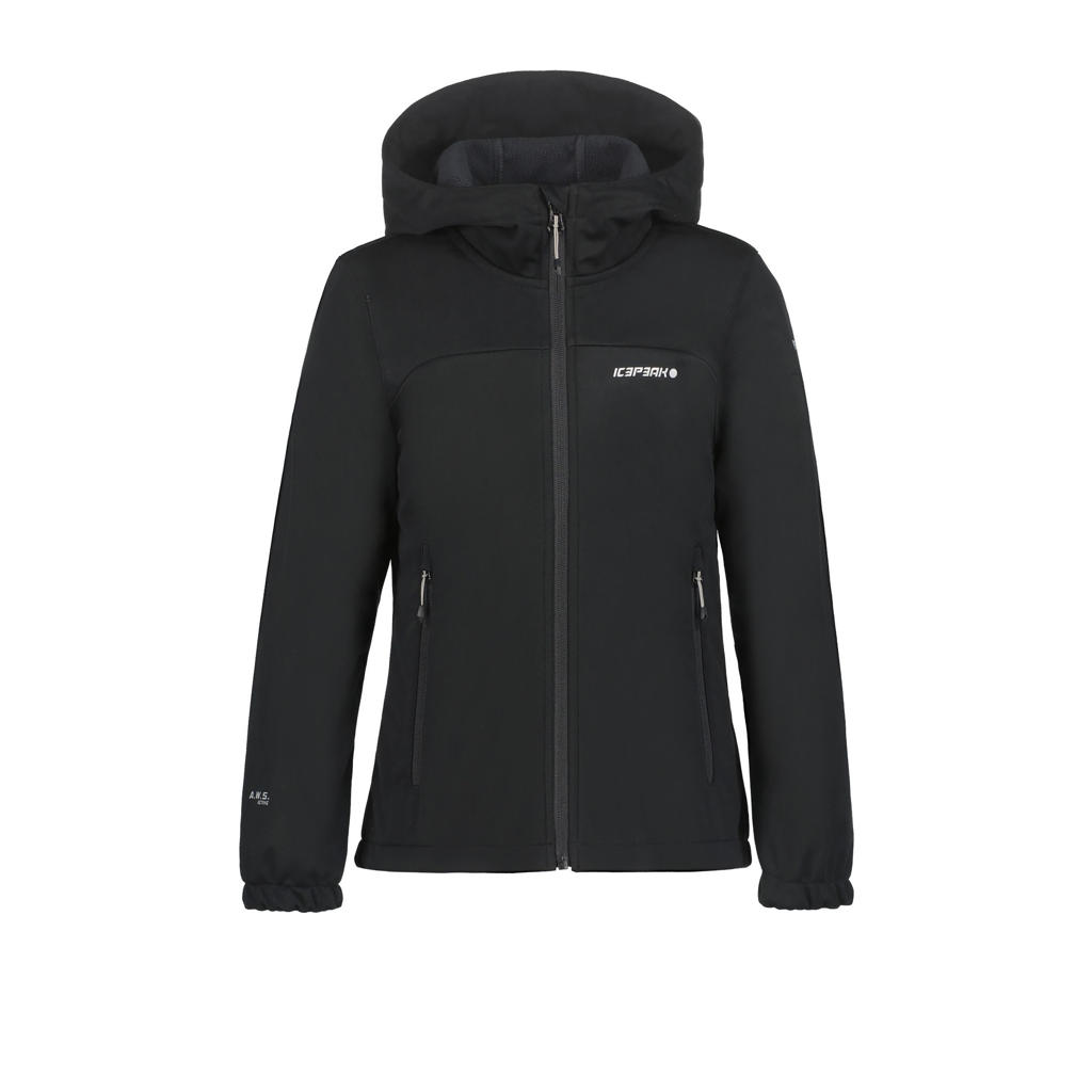 Zwarte jongens en meisjes Icepeak outdoor softshell jack Kleve Jr van polyester met effen, lange mouwen, capuchon en ritssluiting