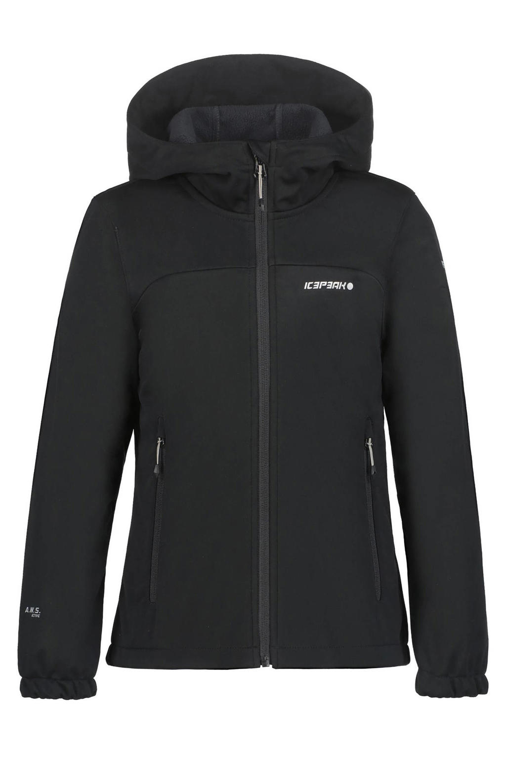 Zwarte jongens en meisjes Icepeak softshell jas Kleve van polyester met effen, lange mouwen, capuchon en ritssluiting