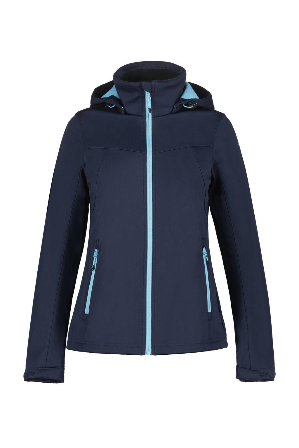 Donkerblauw en blauwe dames Icepeak outdoor softshell jack Boise van polyester met effen, lange mouwen, capuchon en ritssluiting