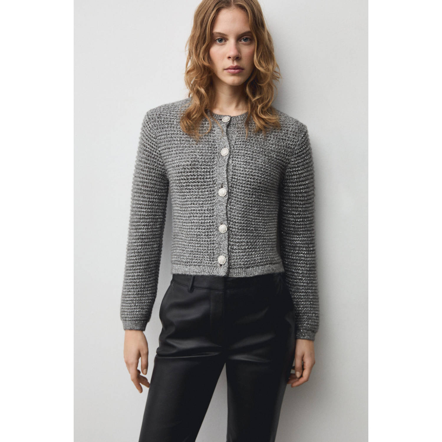 Mango vest zilver grof gebreid