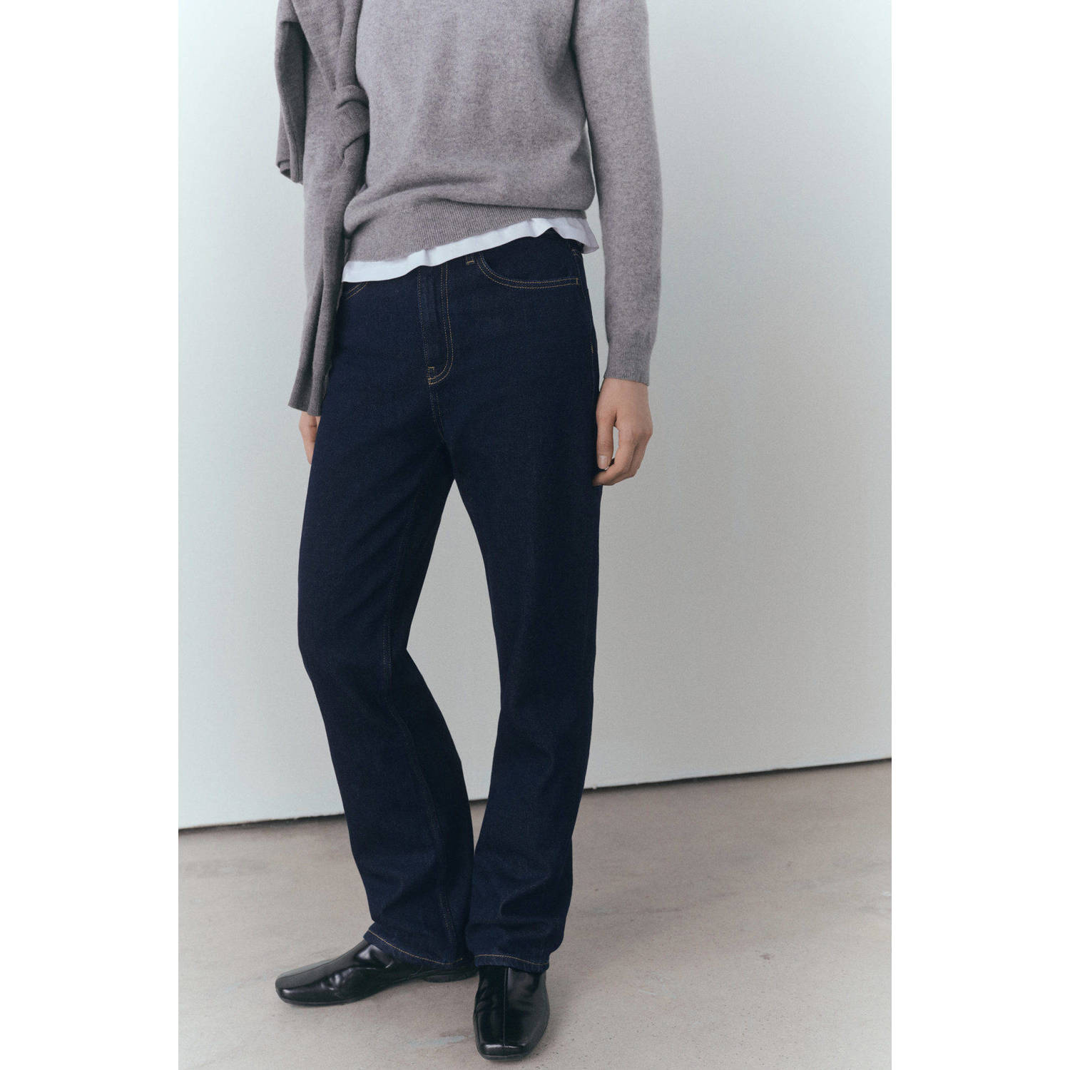 Mango wide leg regular waist broek dark blue denim