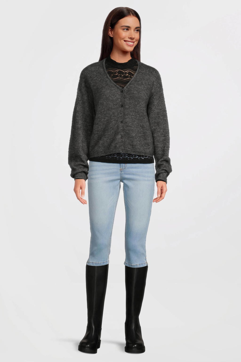 Medium blue denim dames Anytime skinny capri jeans van denim met regular waist, rits- en knoopsluiting en effen