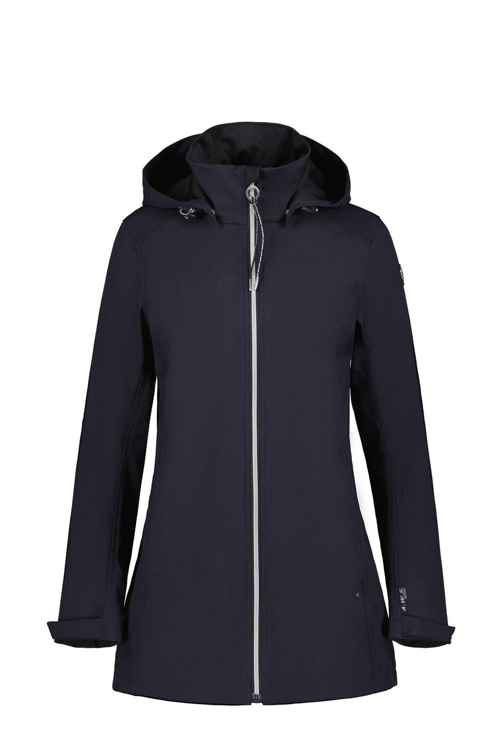 Donkerblauwe dames Luhta outdoor softshell jack Erkkola van polyester met effen, lange mouwen, capuchon en ritssluiting