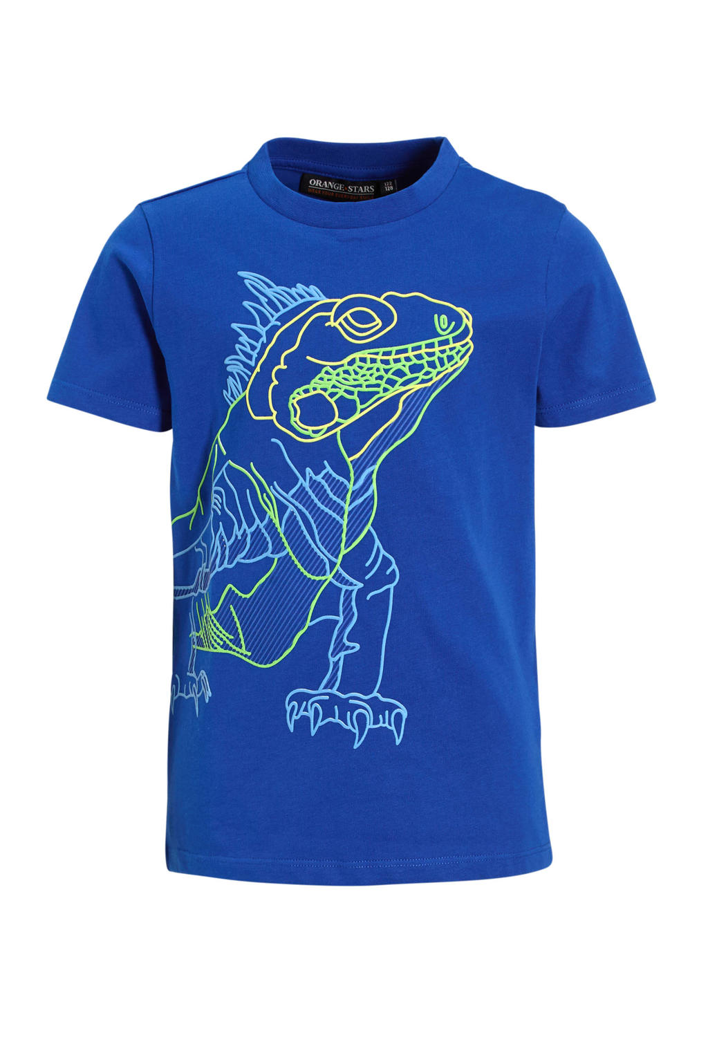 Donkerblauwe jongens Orange Stars T-shirt van katoen met printopdruk, korte mouwen en ronde hals