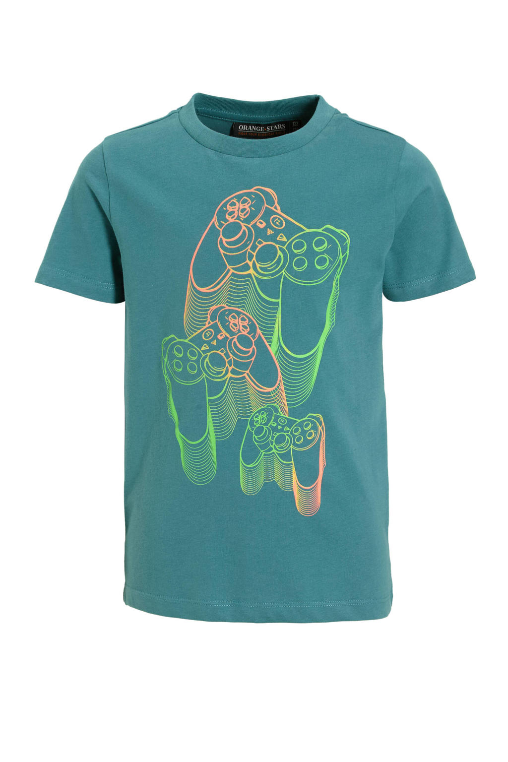 Blauwe jongens Orange Stars T-shirt van katoen met printopdruk, korte mouwen en ronde hals