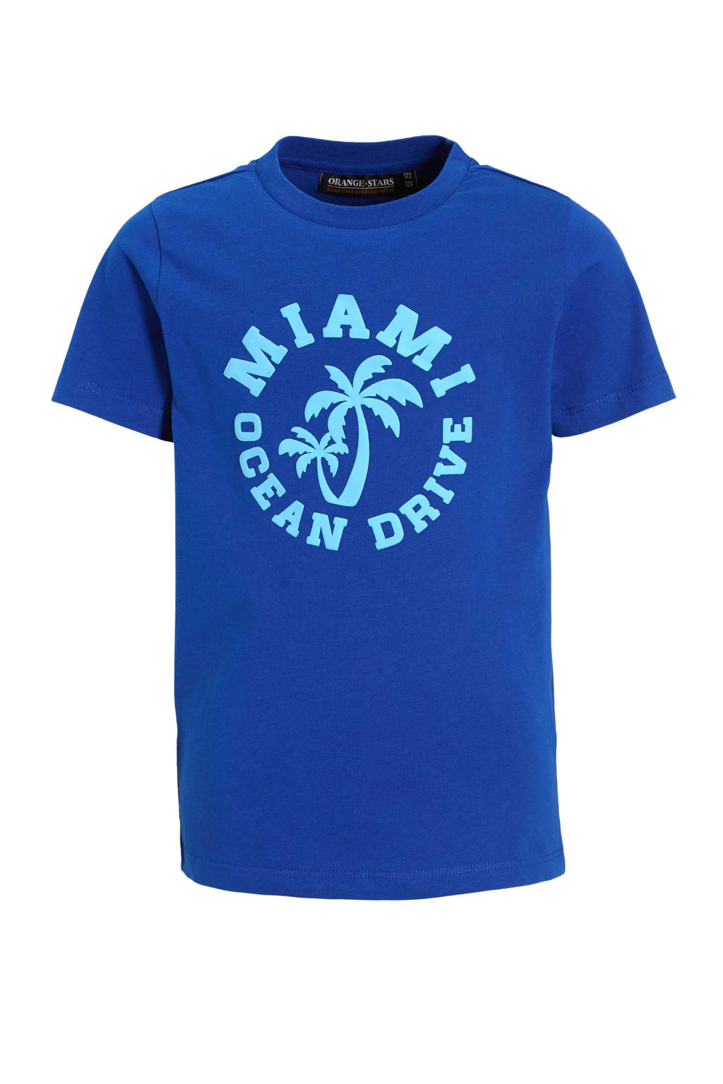 Donkerblauwe jongens Orange Stars T-shirt van katoen met printopdruk, korte mouwen en ronde hals