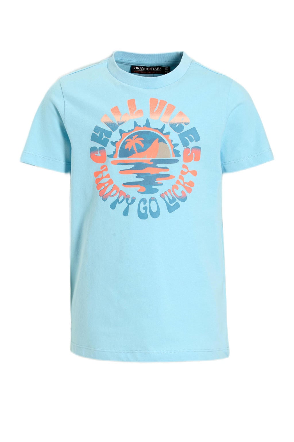 Lichtblauwe jongens Orange Stars T-shirt van katoen met printopdruk, korte mouwen en ronde hals