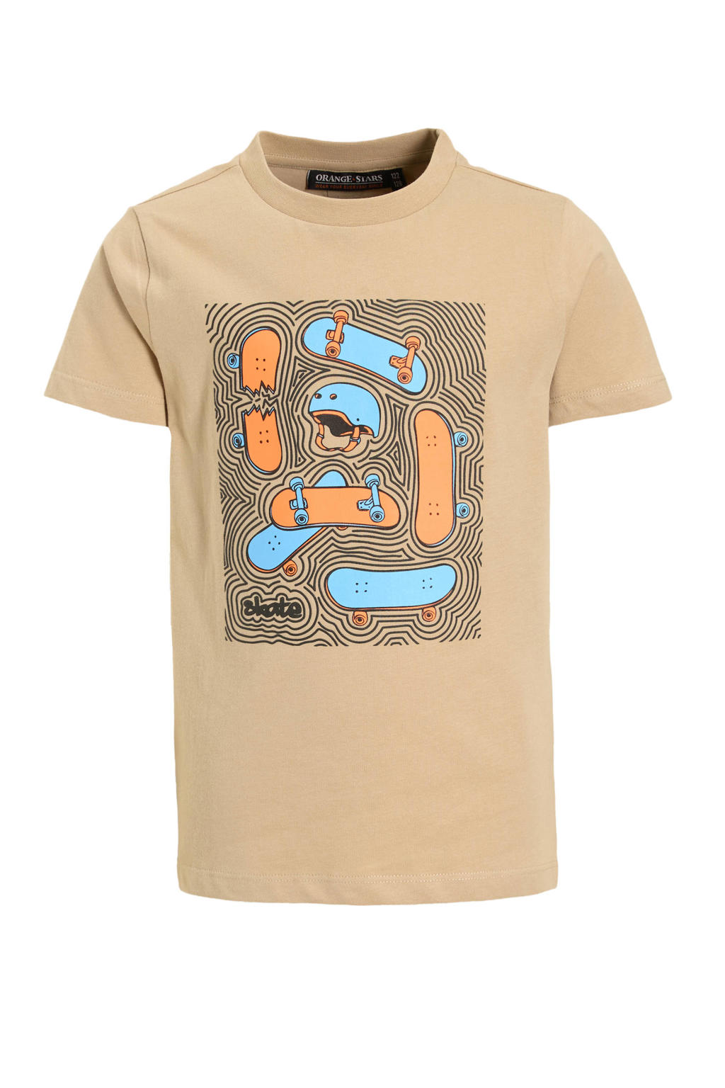 Beige jongens Orange Stars T-shirt van katoen met printopdruk, korte mouwen en ronde hals